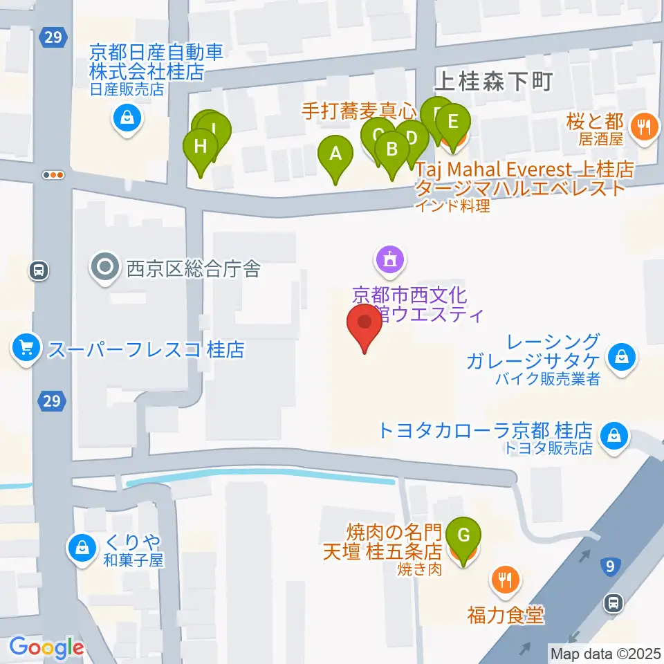 京都市西文化会館ウエスティ周辺のファミレス・ファーストフード一覧地図