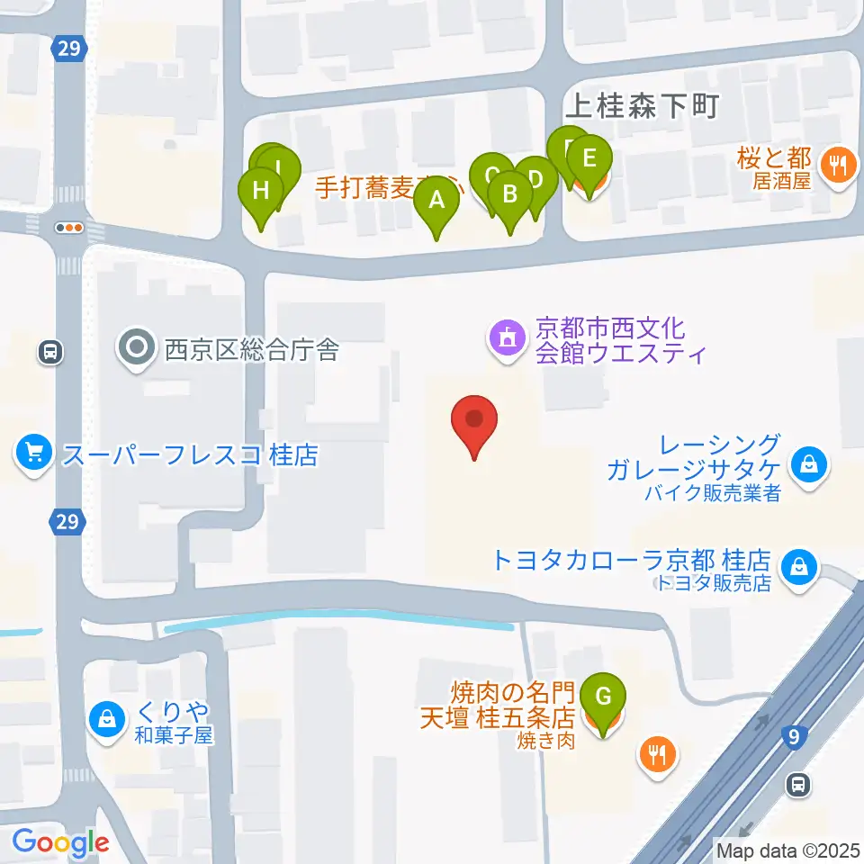 京都市西文化会館ウエスティ周辺のファミレス・ファーストフード一覧地図