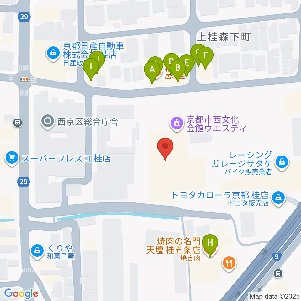 京都市西文化会館ウエスティ周辺のファミレス・ファーストフード一覧地図