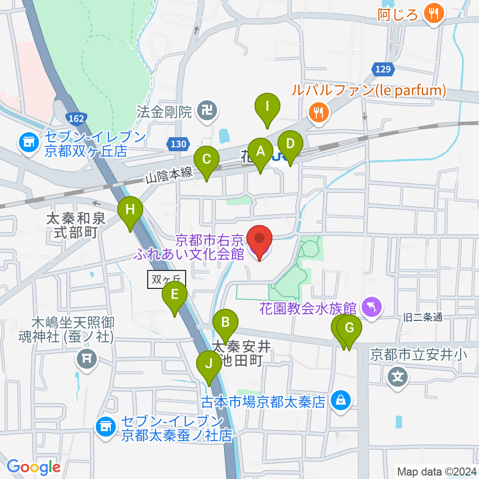 京都市右京ふれあい文化会館周辺のファミレス・ファーストフード一覧地図