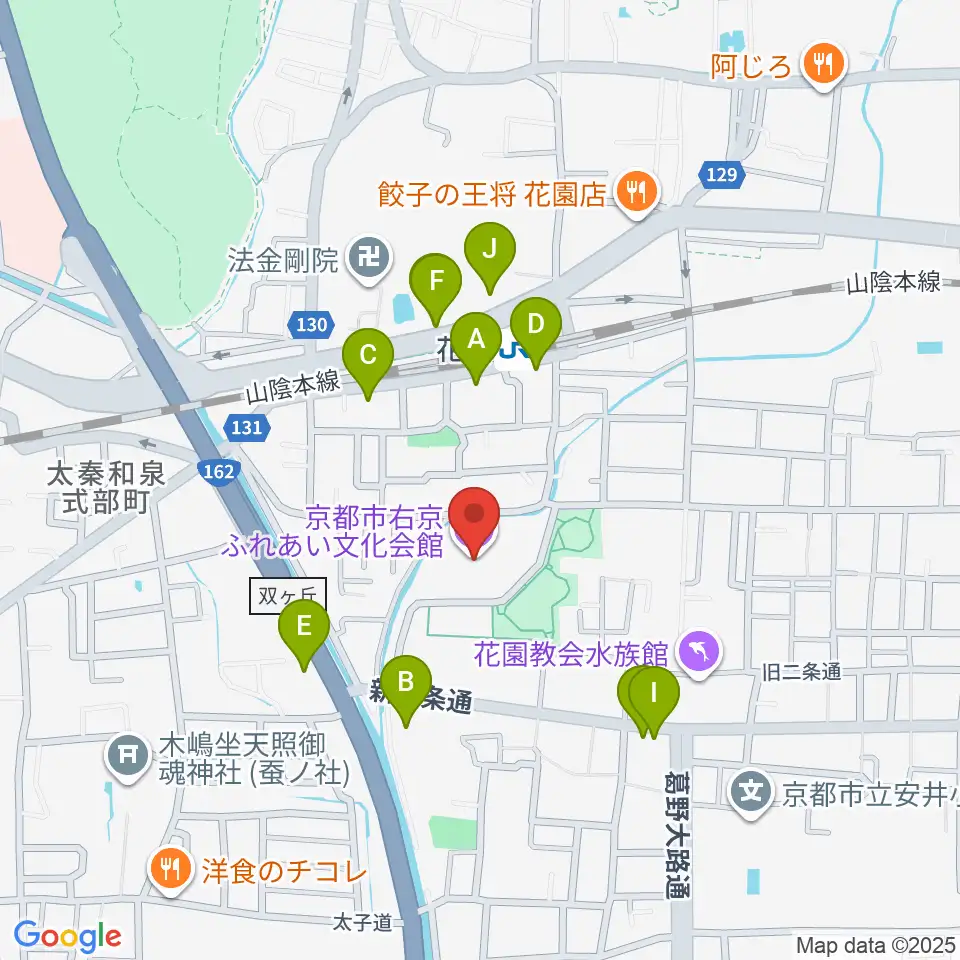 京都市右京ふれあい文化会館周辺のファミレス・ファーストフード一覧地図