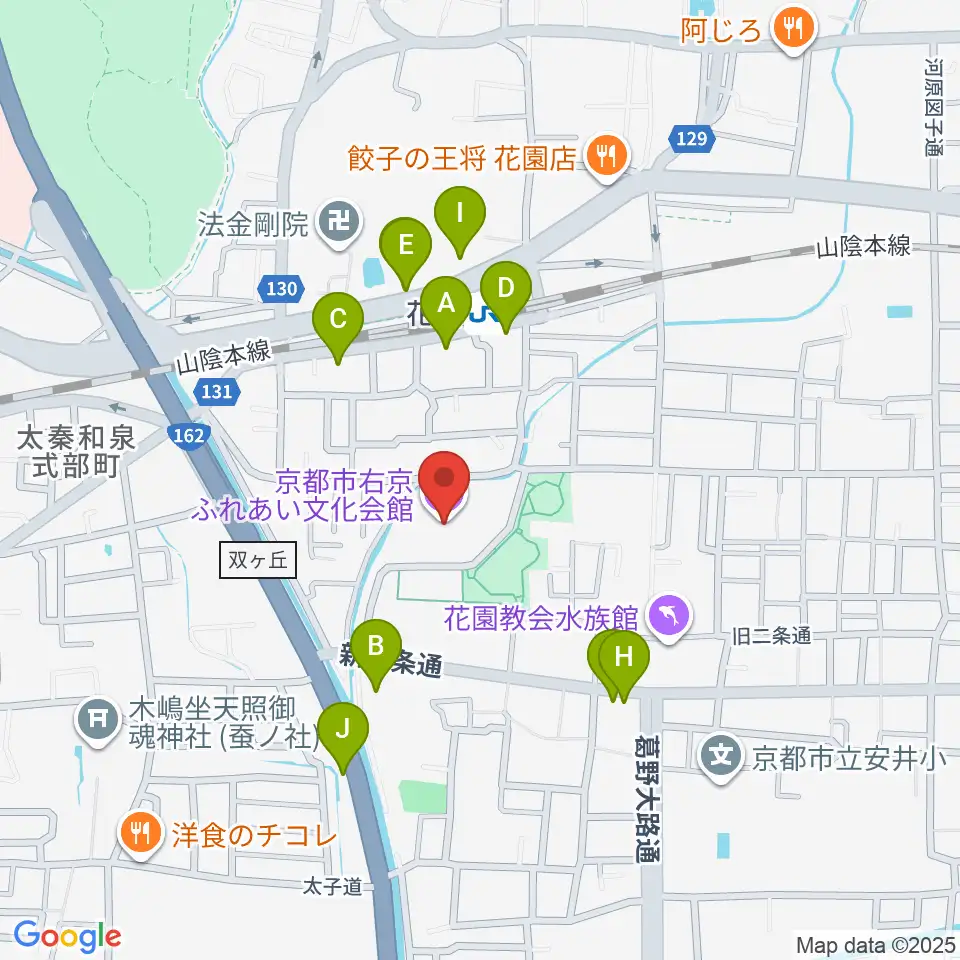 京都市右京ふれあい文化会館周辺のファミレス・ファーストフード一覧地図