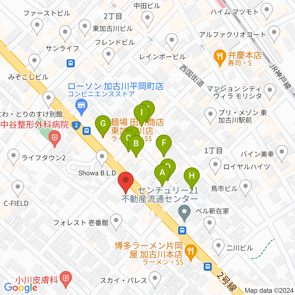 やぎ楽器 東加古川店周辺のファミレス・ファーストフード一覧地図