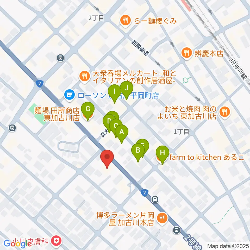 やぎ楽器 東加古川店周辺のファミレス・ファーストフード一覧地図