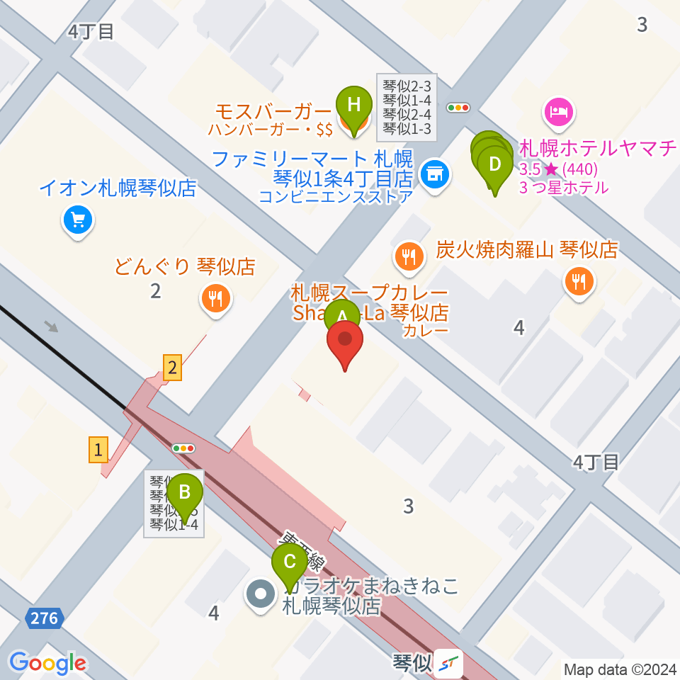 琴似センター ヤマハミュージック周辺のファミレス・ファーストフード一覧地図