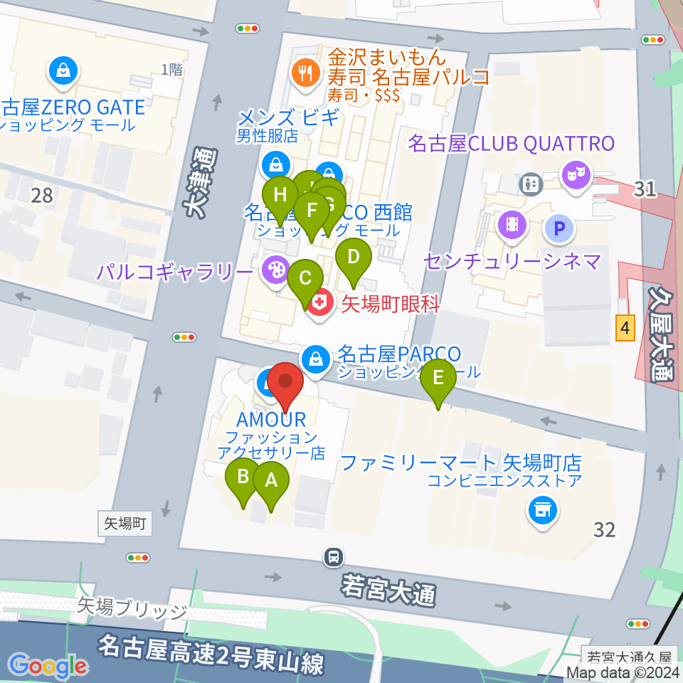 島村楽器 名古屋パルコ店  周辺のファミレス・ファーストフード一覧地図