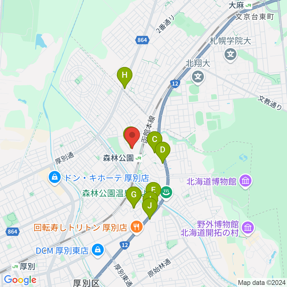 森林公園音楽センター ヤマハミュージック周辺のファミレス・ファーストフード一覧地図