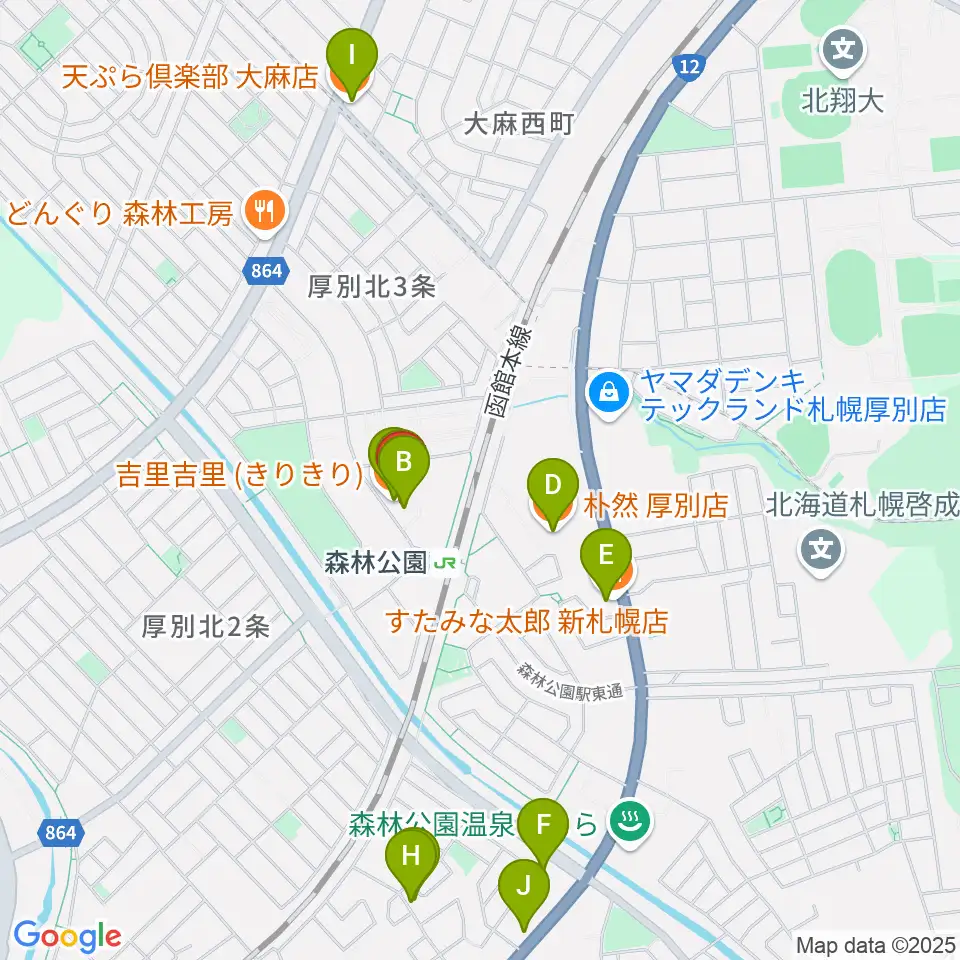 森林公園音楽センター ヤマハミュージック周辺のファミレス・ファーストフード一覧地図