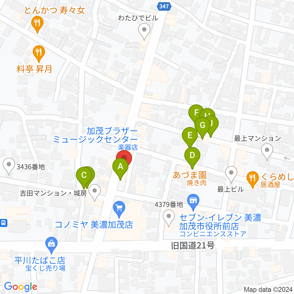 加茂ブラザーミュージックセンター周辺のファミレス・ファーストフード一覧地図