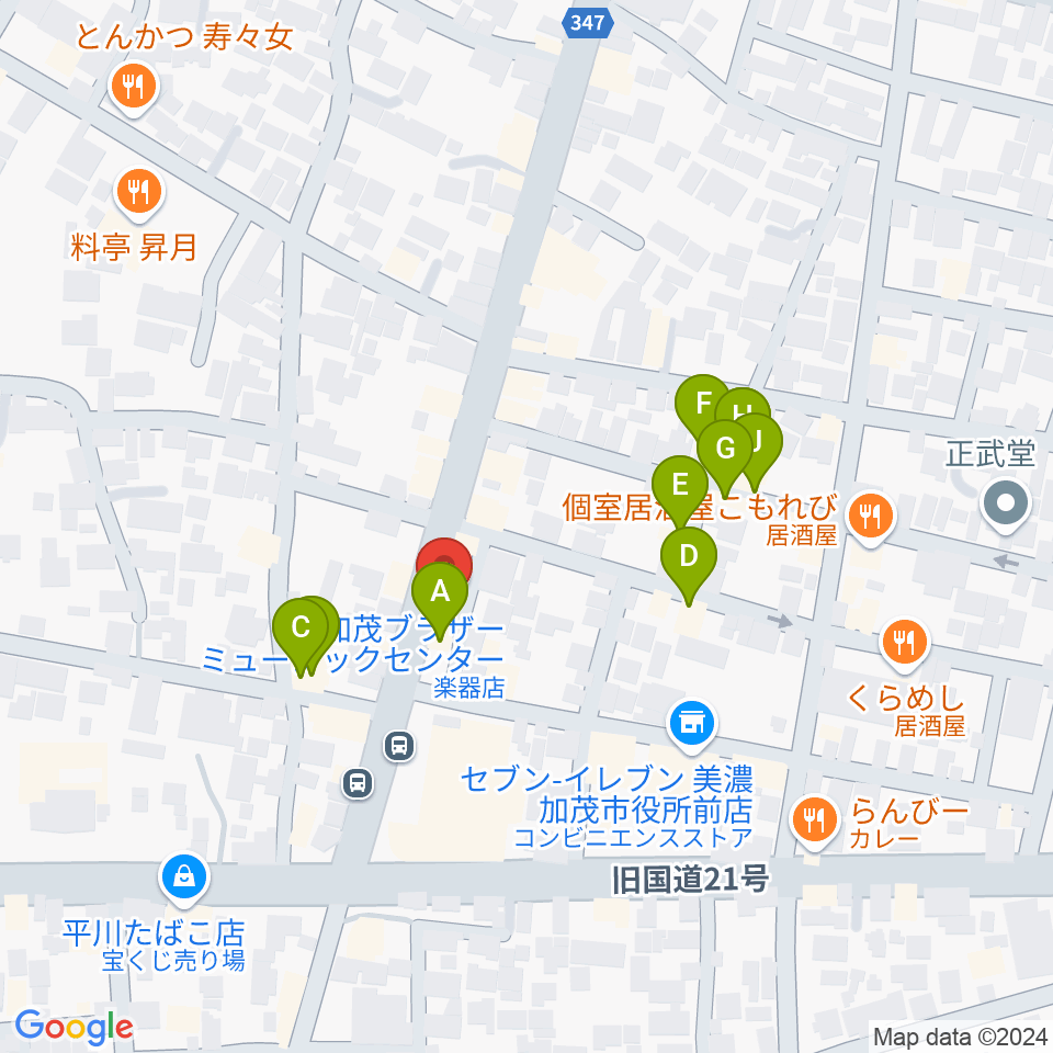 加茂ブラザーミュージックセンター周辺のファミレス・ファーストフード一覧地図