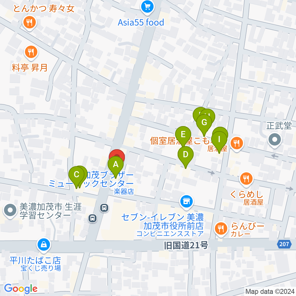 加茂ブラザーミュージックセンター周辺のファミレス・ファーストフード一覧地図