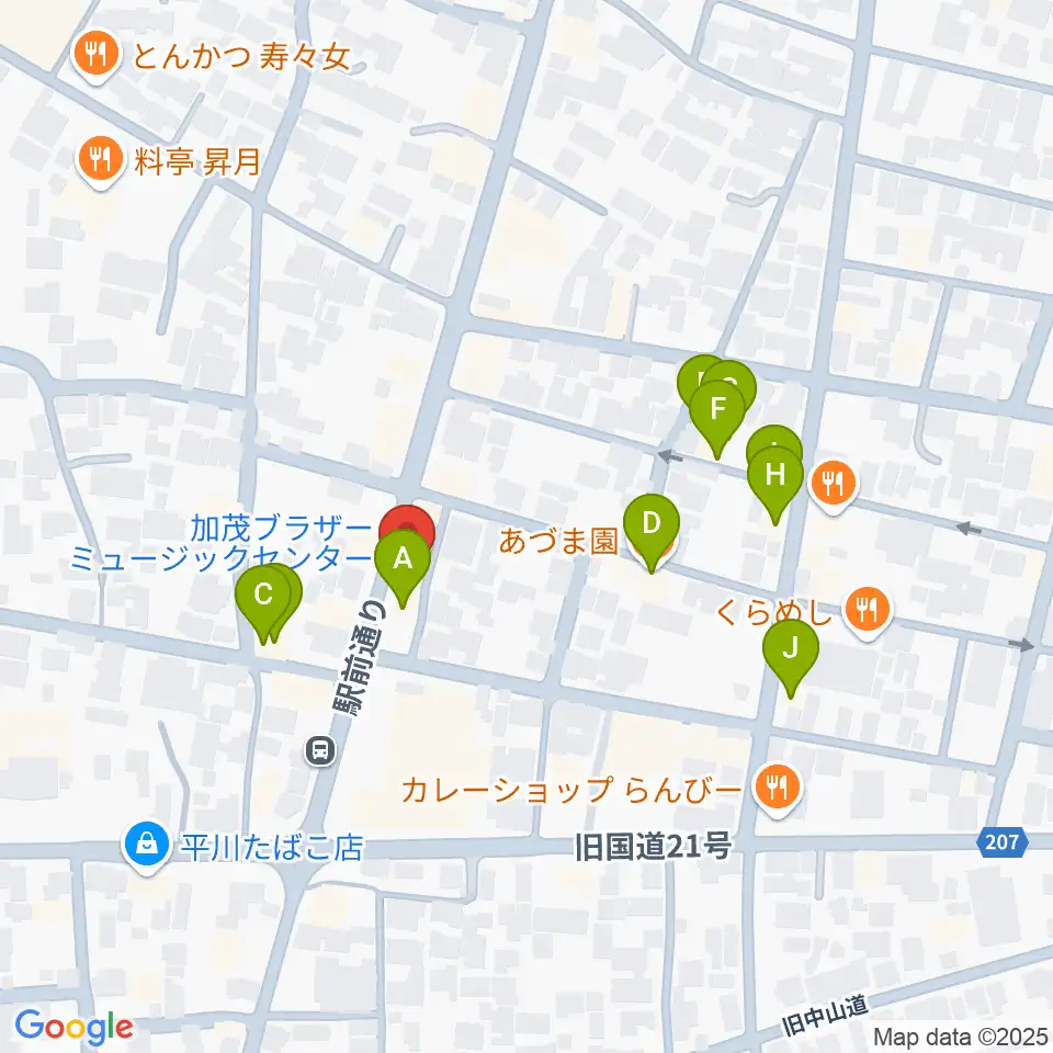 加茂ブラザーミュージックセンター周辺のファミレス・ファーストフード一覧地図