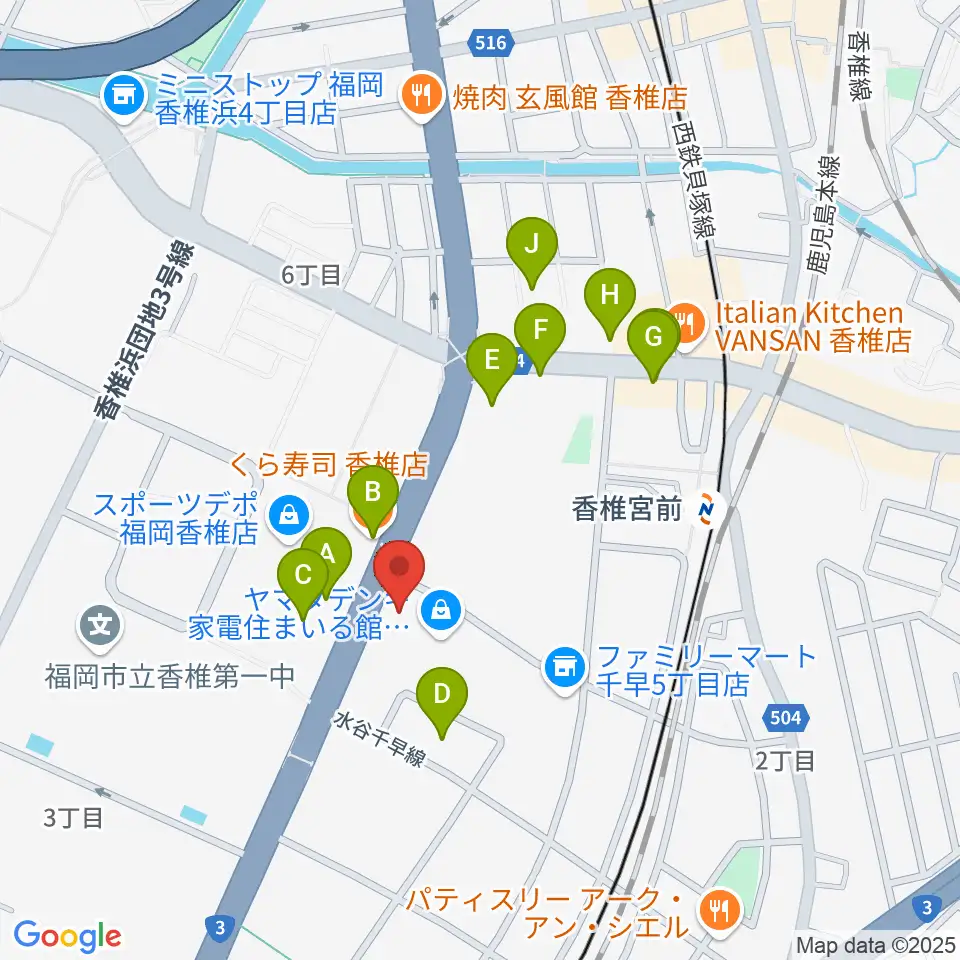 ミュージックメイト福岡周辺のファミレス・ファーストフード一覧地図