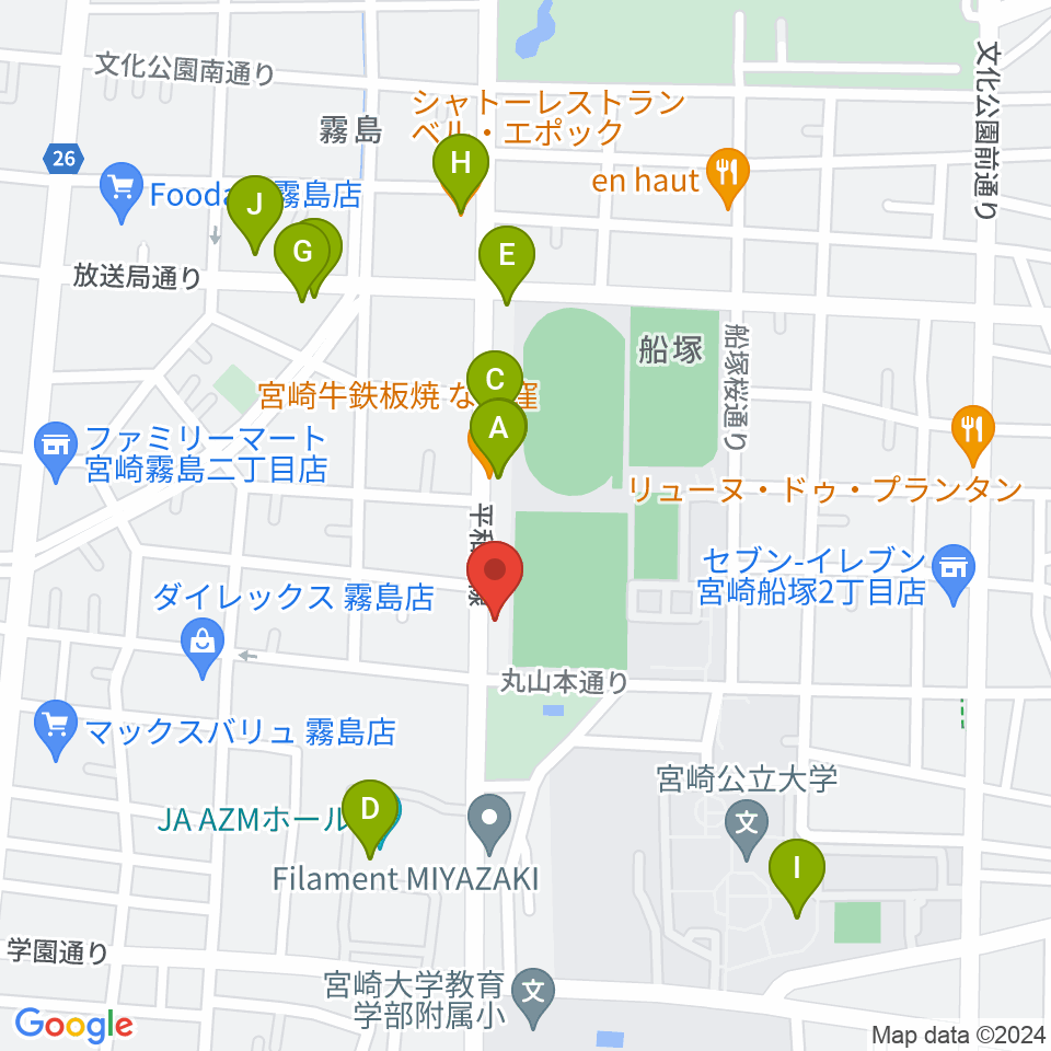 宮崎ピアノ技術センター周辺のファミレス・ファーストフード一覧地図