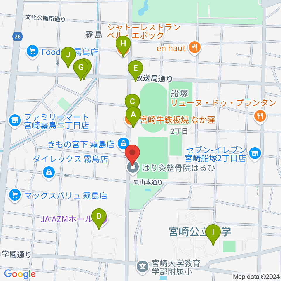 宮崎ピアノ技術センター周辺のファミレス・ファーストフード一覧地図