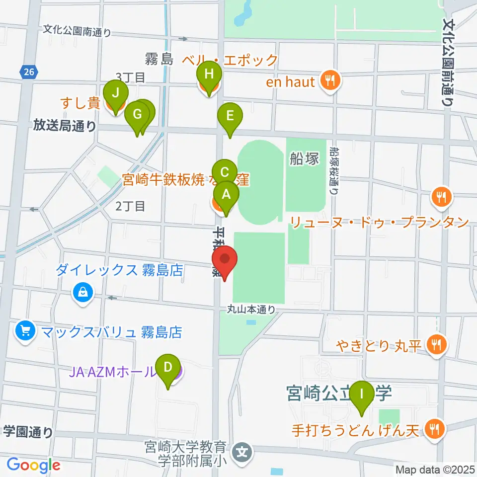 宮崎ピアノ技術センター周辺のファミレス・ファーストフード一覧地図