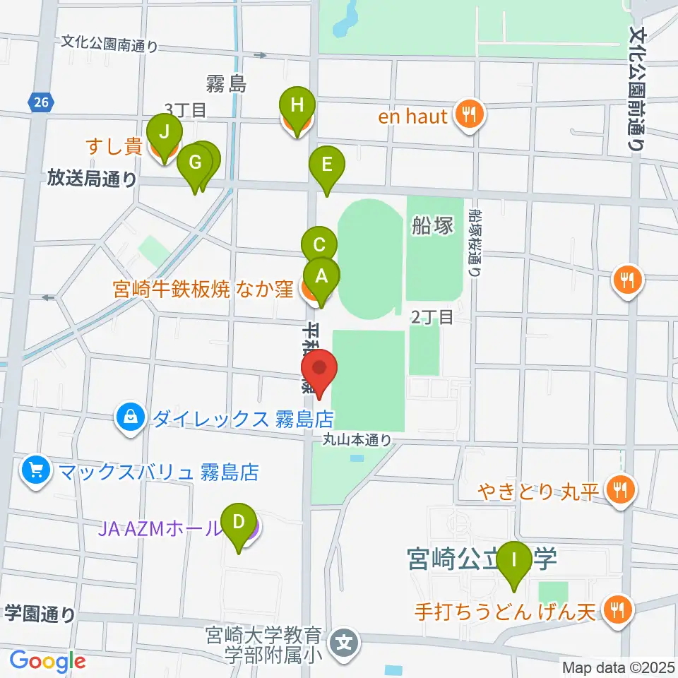 宮崎ピアノ技術センター周辺のファミレス・ファーストフード一覧地図