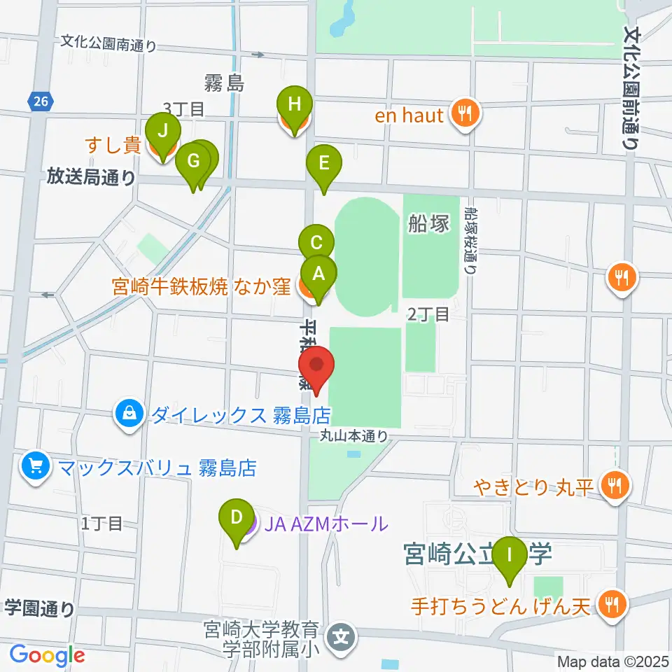 宮崎ピアノ技術センター周辺のファミレス・ファーストフード一覧地図