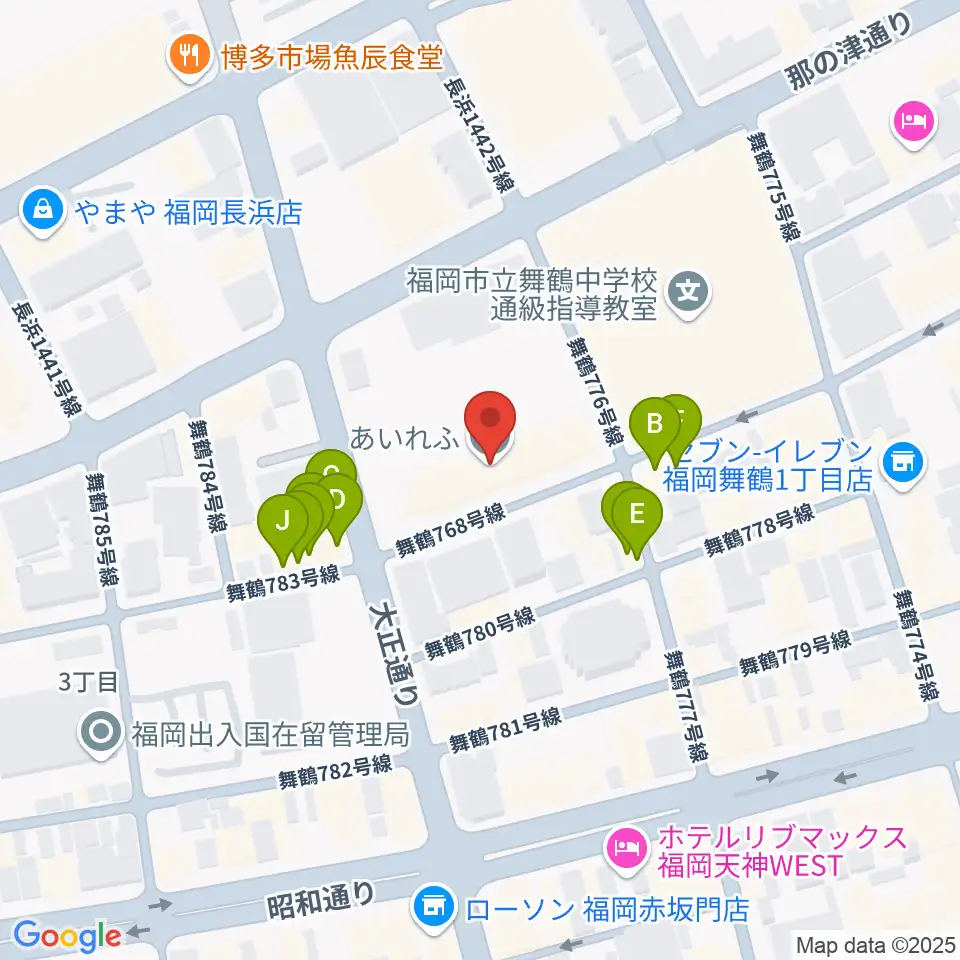 あいれふホール周辺のファミレス・ファーストフード一覧地図
