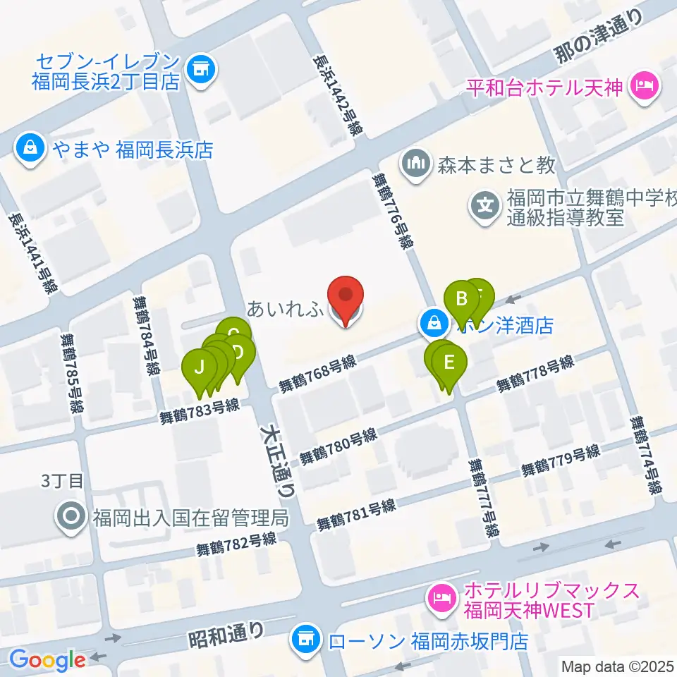 あいれふホール周辺のファミレス・ファーストフード一覧地図
