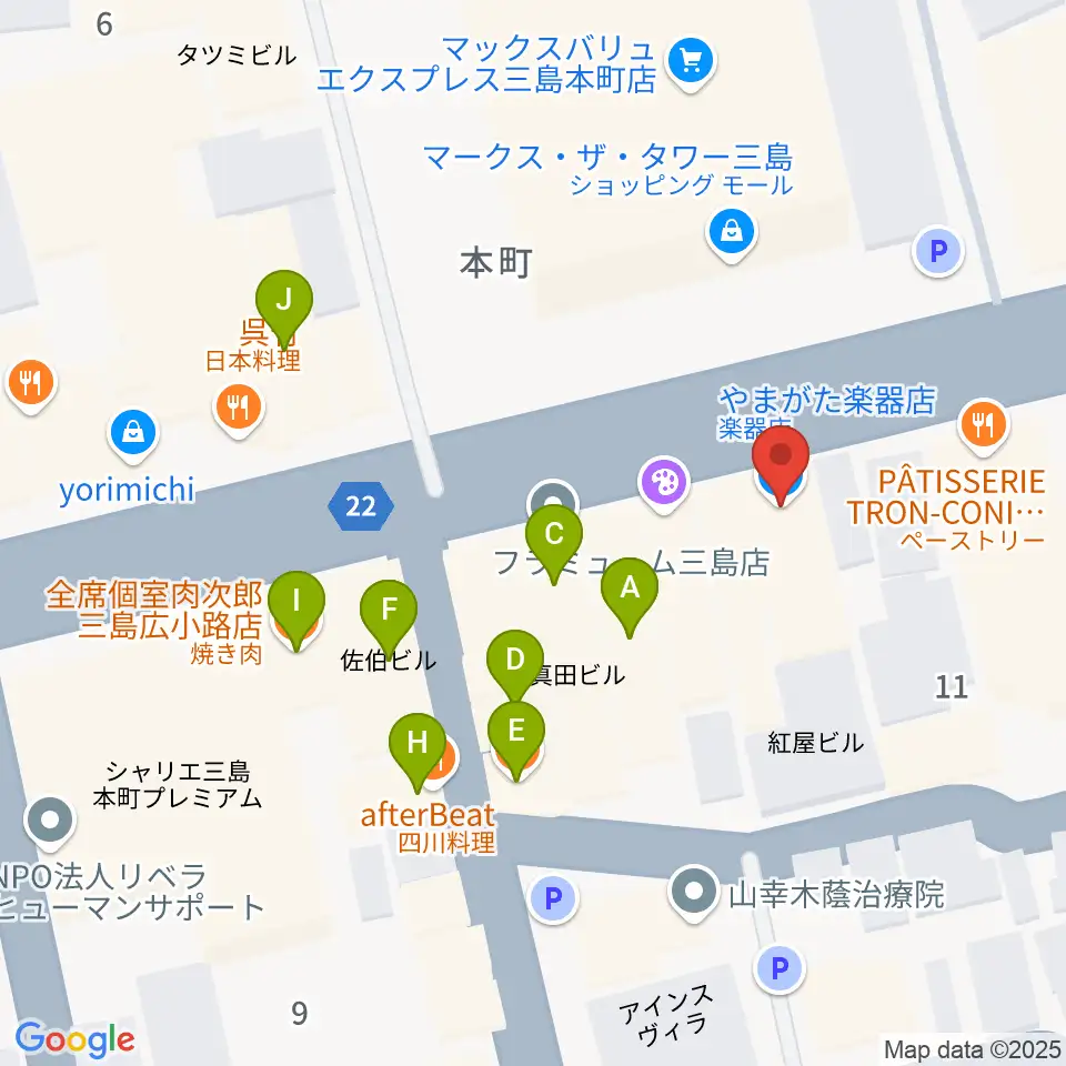 やまがた楽器店周辺のファミレス・ファーストフード一覧地図