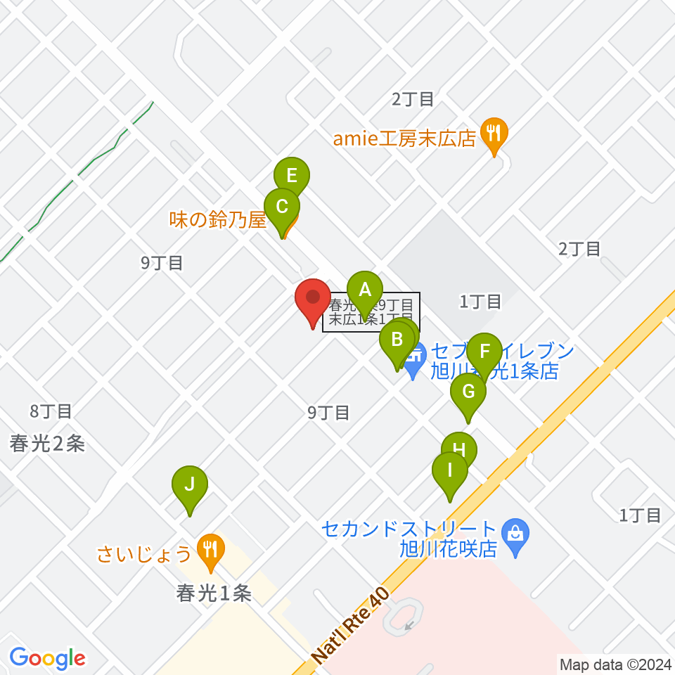 旭川北センター ヤマハミュージック周辺のファミレス・ファーストフード一覧地図