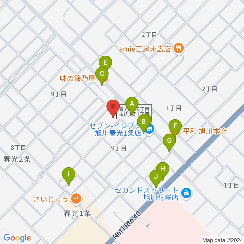 旭川北センター ヤマハミュージック周辺のファミレス・ファーストフード一覧地図