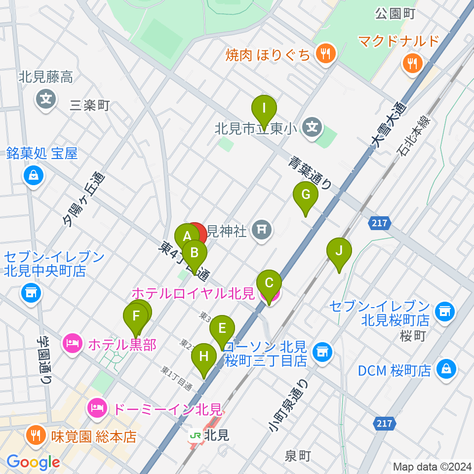 北見綜合音楽センター ヤマハミュージック周辺のファミレス・ファーストフード一覧地図