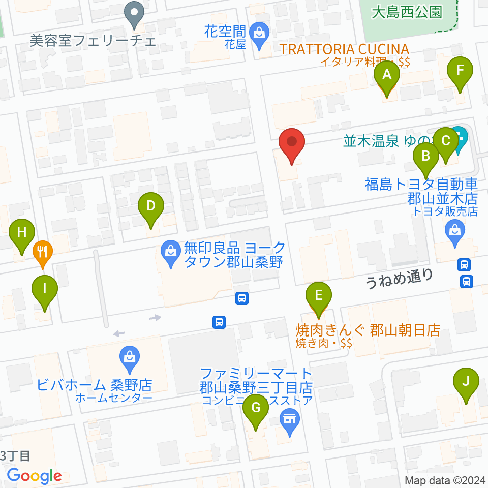 ヤマハミュージック 郡山店周辺のファミレス・ファーストフード一覧地図