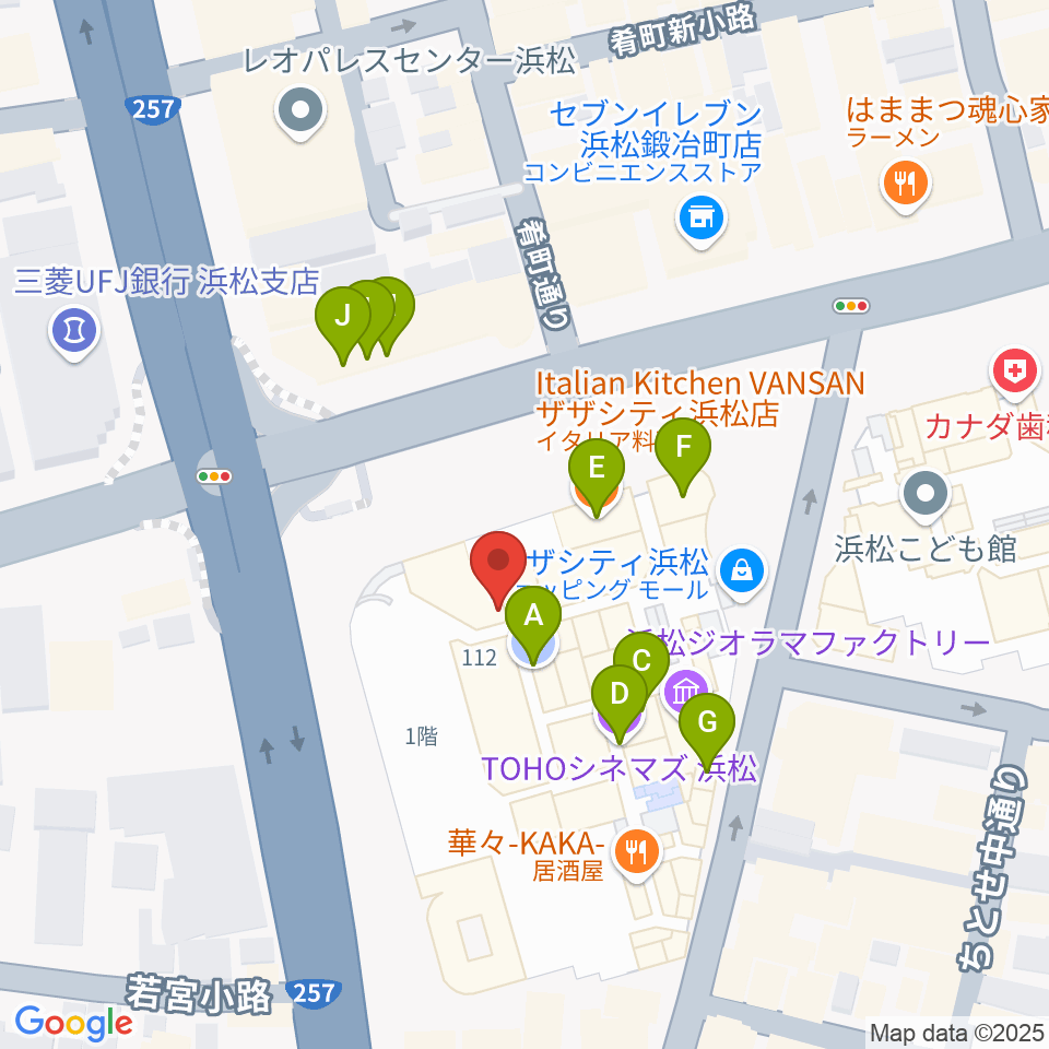 クエストミュージック浜松ザザシティ店周辺のファミレス・ファーストフード一覧地図