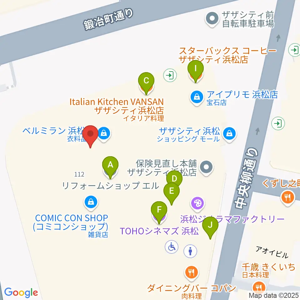 クエストミュージック浜松ザザシティ店周辺のファミレス・ファーストフード一覧地図