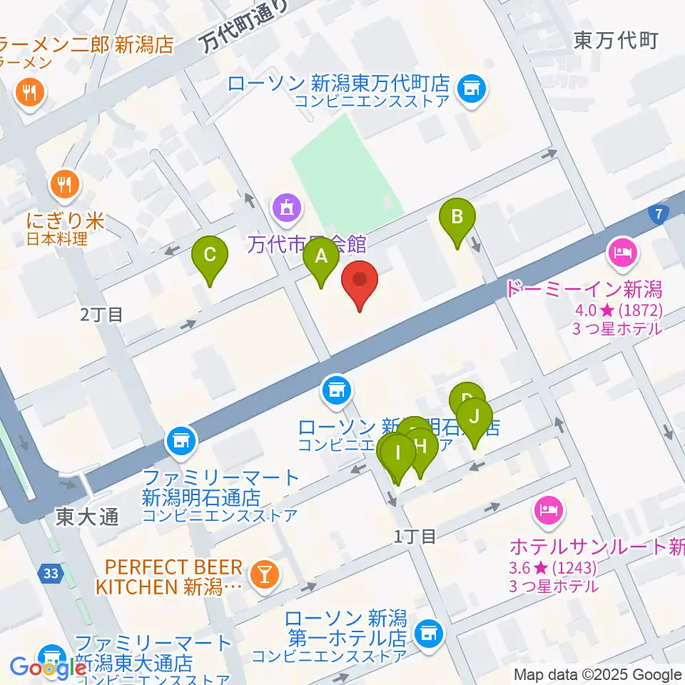 ヤマハミュージック 新潟店周辺のファミレス・ファーストフード一覧地図