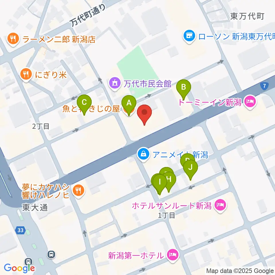 ヤマハミュージック 新潟店周辺のファミレス・ファーストフード一覧地図