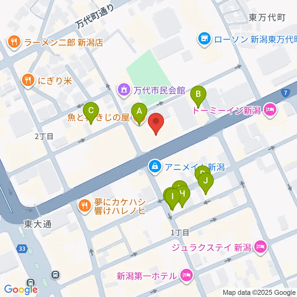 ヤマハミュージック 新潟店周辺のファミレス・ファーストフード一覧地図