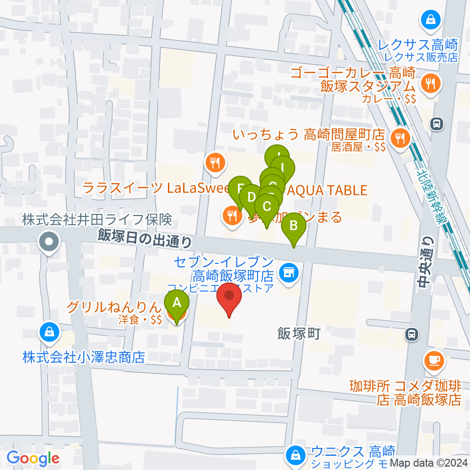 ヤマハミュージックスクエア 高崎周辺のファミレス・ファーストフード一覧地図