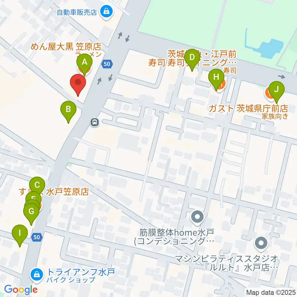 ヤマハミュージック 水戸店周辺のファミレス・ファーストフード一覧地図