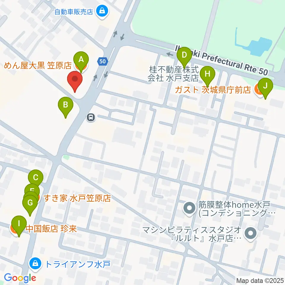 ヤマハミュージック 水戸店周辺のファミレス・ファーストフード一覧地図