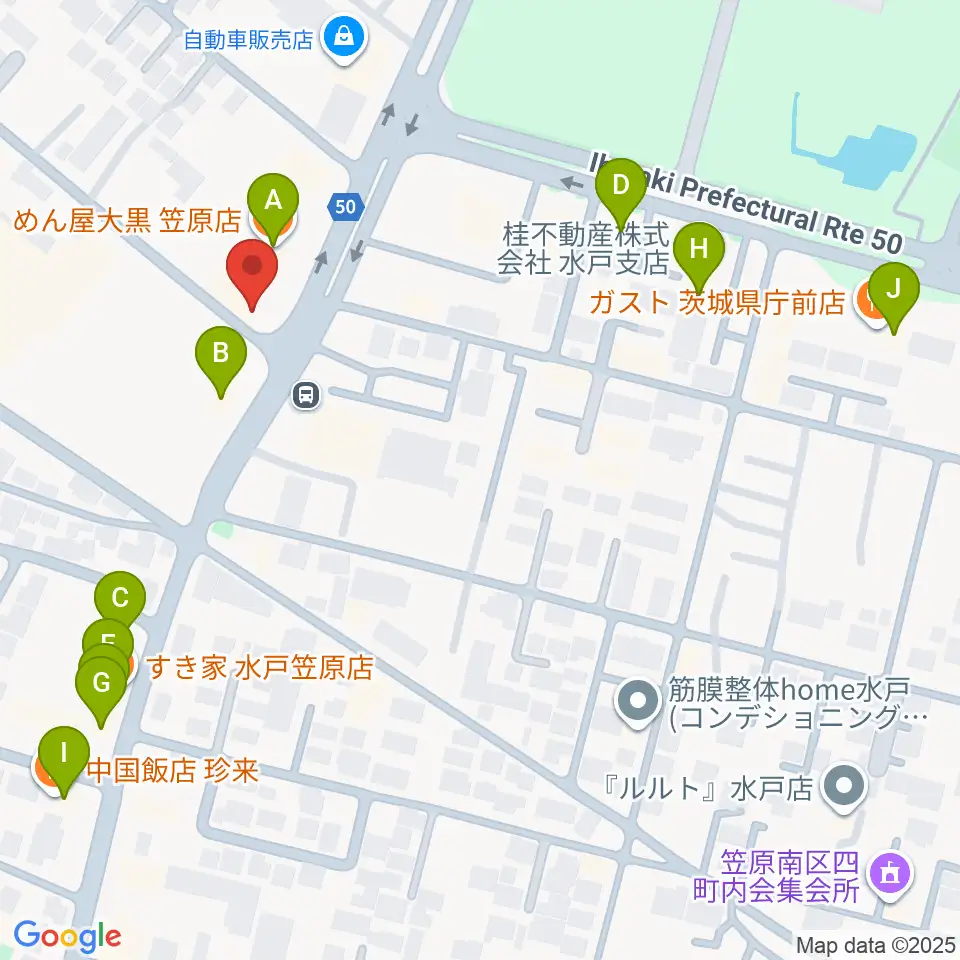 ヤマハミュージック 水戸店周辺のファミレス・ファーストフード一覧地図