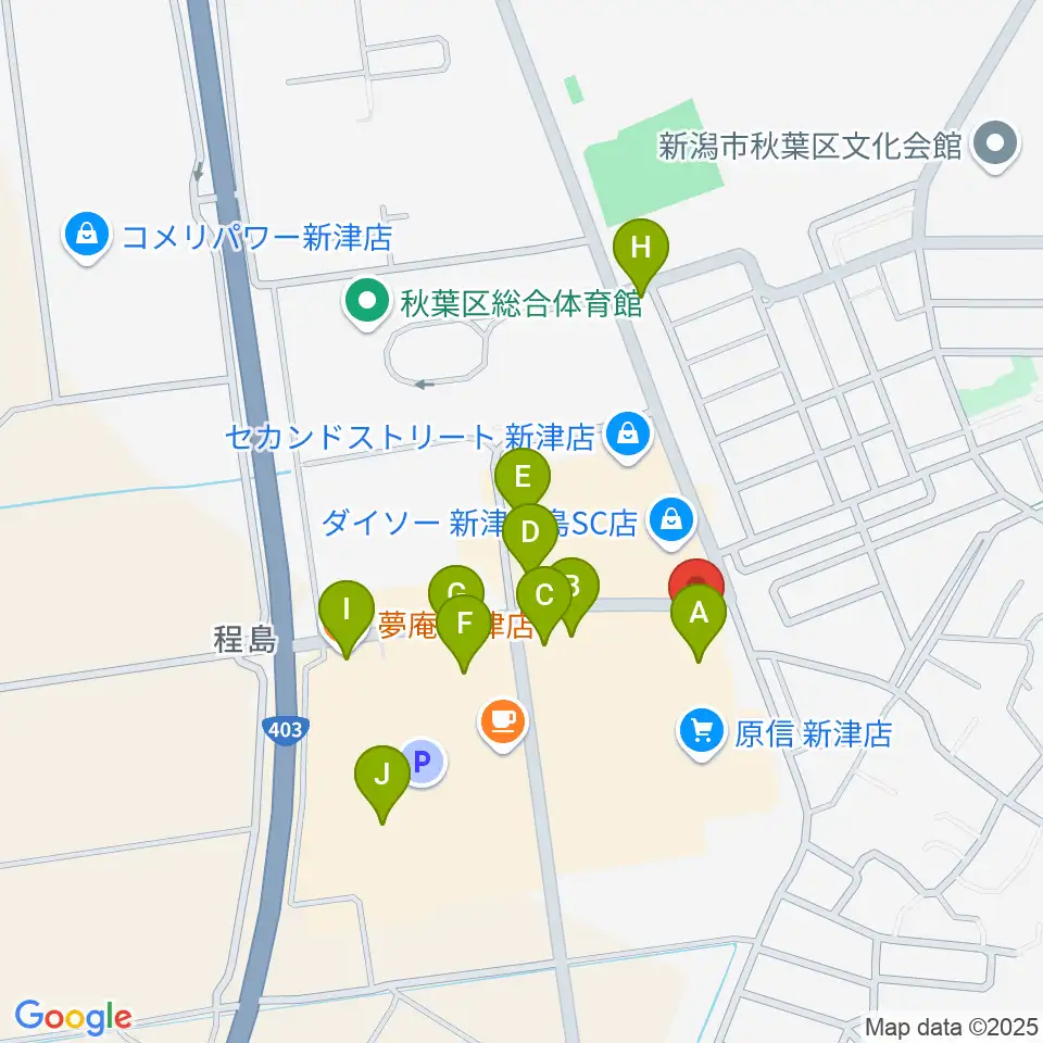 新津総合センター ヤマハミュージック周辺のファミレス・ファーストフード一覧地図