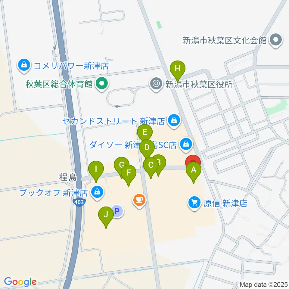 新津総合センター ヤマハミュージック周辺のファミレス・ファーストフード一覧地図