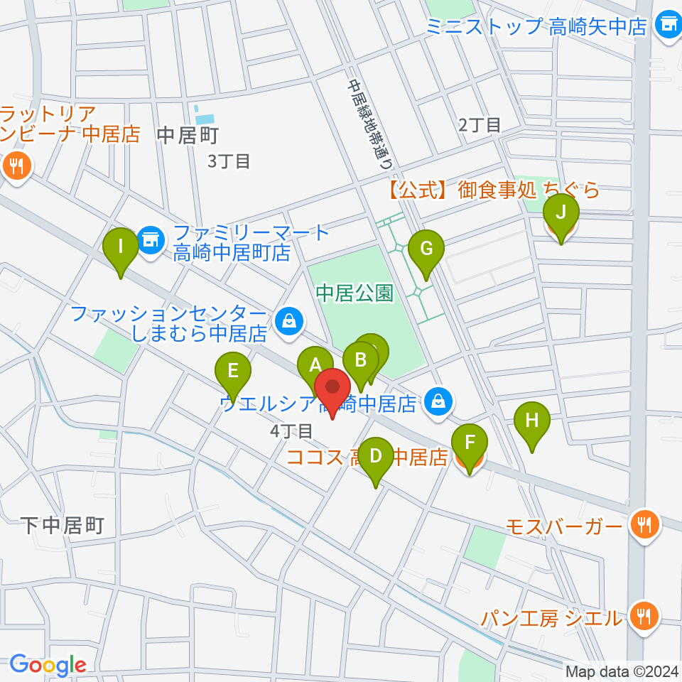 なかい総合センター ヤマハミュージック周辺のファミレス・ファーストフード一覧地図