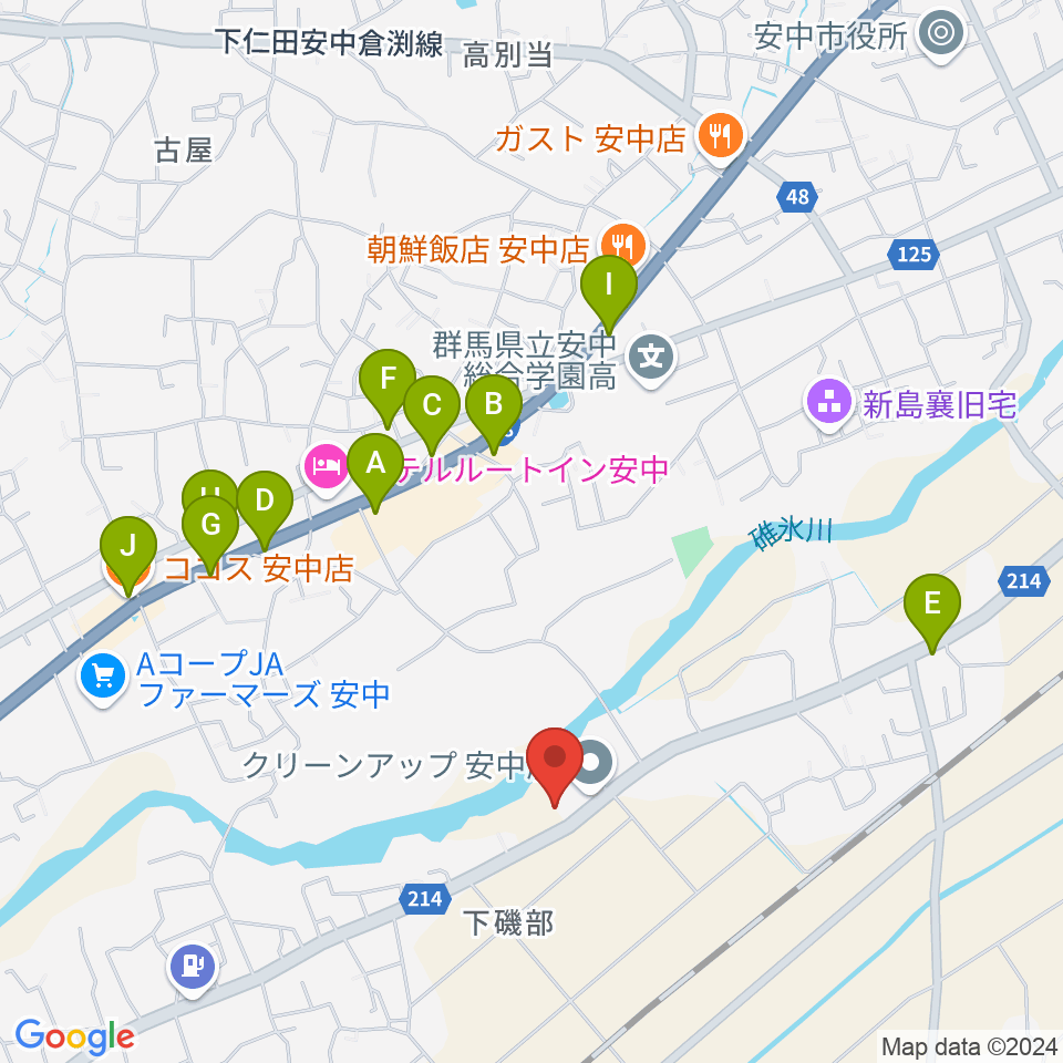 あんなか総合センター ヤマハミュージック周辺のファミレス・ファーストフード一覧地図