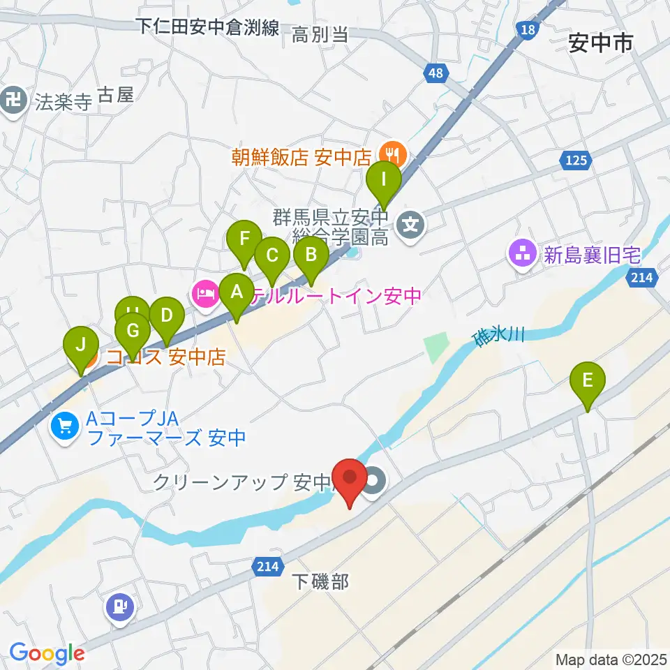 あんなか総合センター ヤマハミュージック周辺のファミレス・ファーストフード一覧地図