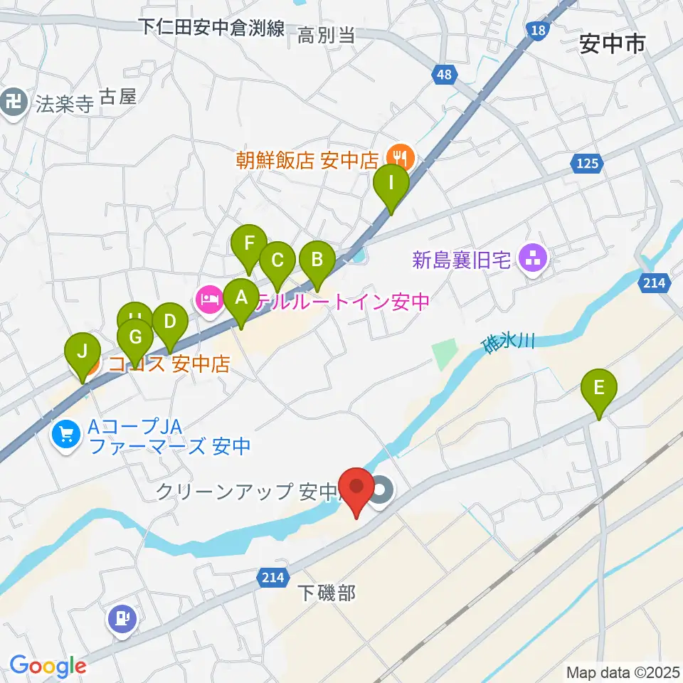 あんなか総合センター ヤマハミュージック周辺のファミレス・ファーストフード一覧地図