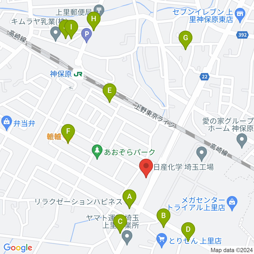 本庄かみさと総合センター ヤマハミュージック周辺のファミレス・ファーストフード一覧地図