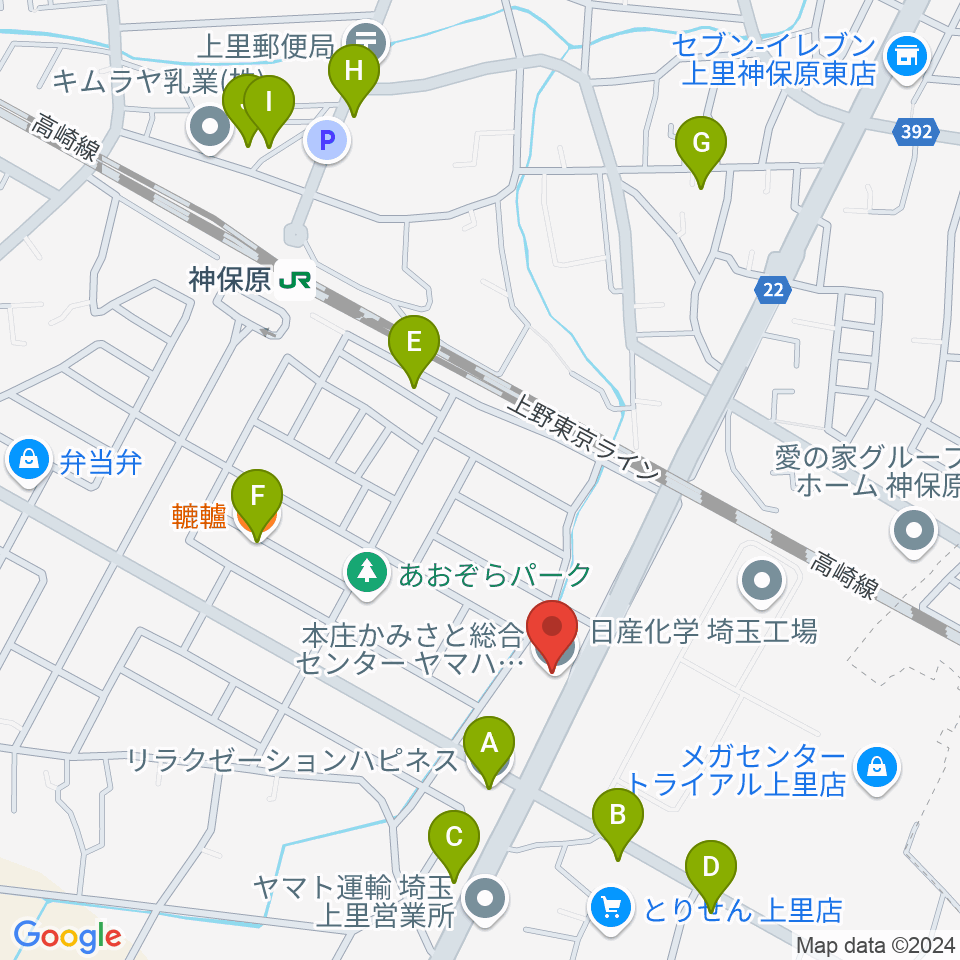 本庄かみさと総合センター ヤマハミュージック周辺のファミレス・ファーストフード一覧地図