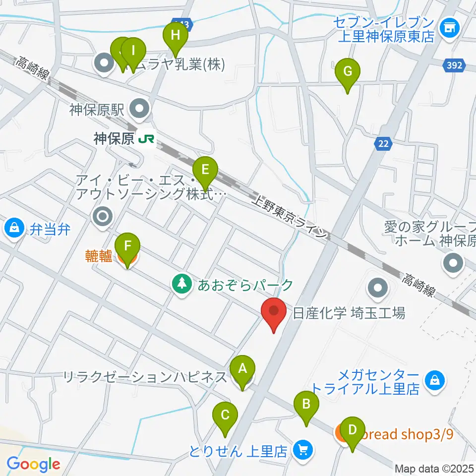 本庄かみさと総合センター ヤマハミュージック周辺のファミレス・ファーストフード一覧地図