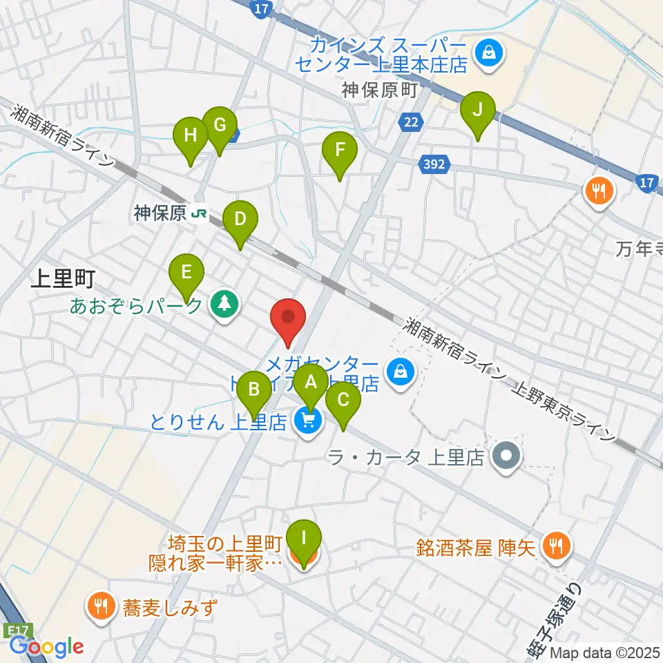 本庄かみさと総合センター ヤマハミュージック周辺のファミレス・ファーストフード一覧地図