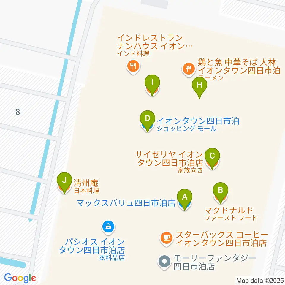 島村楽器イオンタウン四日市泊店周辺のファミレス・ファーストフード一覧地図
