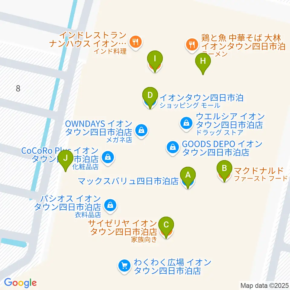 島村楽器イオンタウン四日市泊店周辺のファミレス・ファーストフード一覧地図